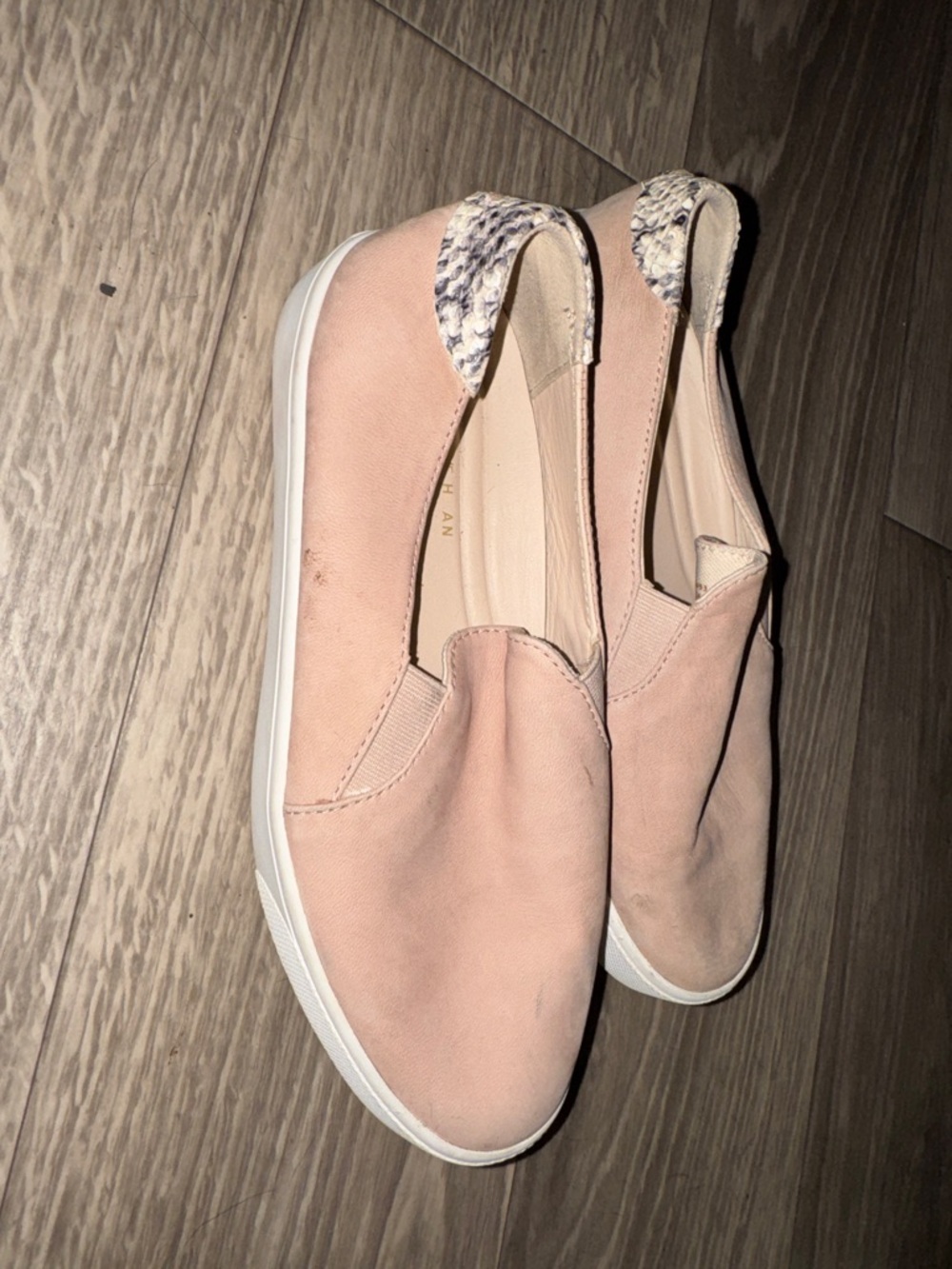 Cole Haan Blush Pink Slip-On Moccasins with Snakeskin Heel Accent